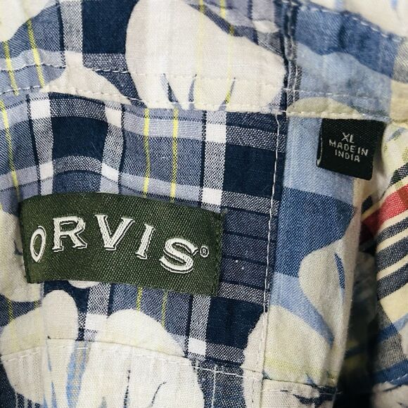 Orvis XL Hawaiian Shirt Patchwork Plaid Floral Print Blue White Short Sleeve - Picture 3 of 4